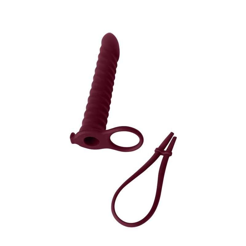 Nasadka strap-on Rori Wine Red - silikonowa, z pierścieniem mocującym i wibrującym pociskiem, dł. 16,2 cm - 4