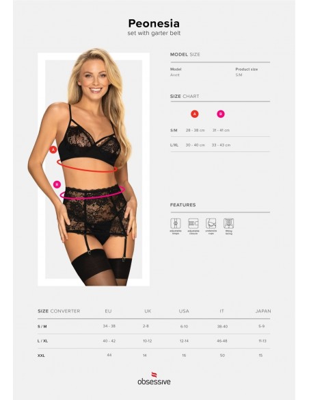 Komplet Bielizny Peonesia 3-Częściowy Czarny  S/M - Komplety bielizny erotycznej - 7