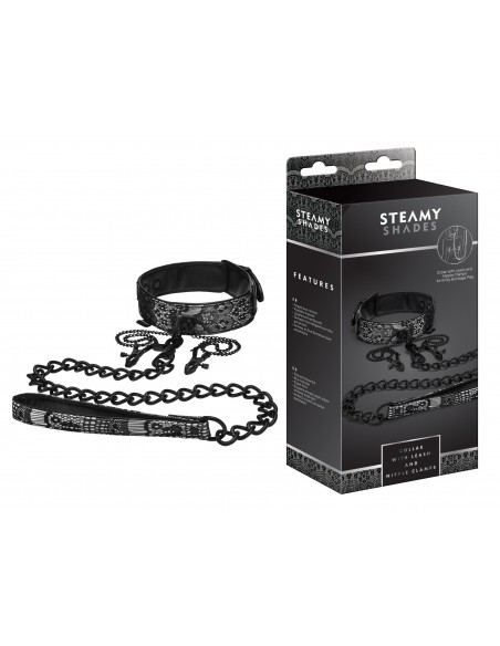 Klamry na sutki Steamy Shades Collar With Leash And Nipple Clamps - Klamry i klipsy na sutki - 1