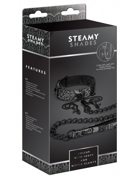 Klamry na sutki Steamy Shades Collar With Leash And Nipple Clamps - Klamry i klipsy na sutki - 3