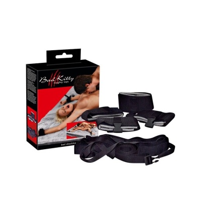 Pasy pod materac z kajdankami Bed Shackles – zestaw 4 wyściełanych mankietów na rzep, pasy 2×320 cm + łącznik 180 cm - 1
