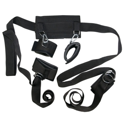 Zestaw do krępowania BK Bondage Set – obroża szyjna 10 cm, dwa pasy 155 cm, wyściełane mankiety na rzepy i karabinki metalowe - 1 2