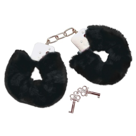 Kajdanki erotyczne Bad Kitty Black Plush – metalowe z pluszową osłoną, regulowany obwód, długość 28 cm - 2