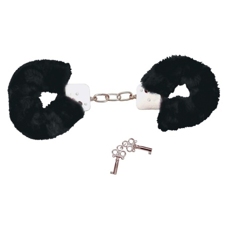 Kajdanki erotyczne Bad Kitty Black Plush – metalowe z pluszową osłoną, regulowany obwód, długość 28 cm - 3