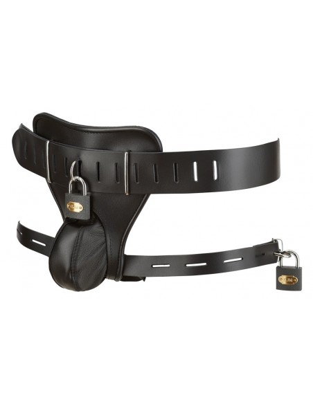 Skórzane stringi z klatką na penisa Leather Men's String S/M - Stringi, slipy - 3