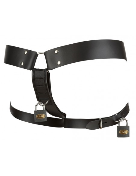 Skórzane stringi z klatką na penisa Leather Men's String S/M - Stringi, slipy - 6