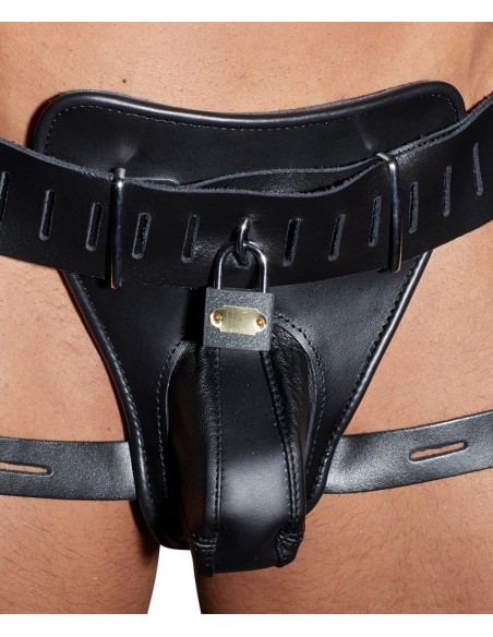 Skórzane stringi z klatką na penisa Leather Men's String L/XL - Stringi, slipy - 4