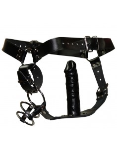 Skórzany pasek z klatką na penisa i plugiem Men's Thong Harness S/M - Stringi, slipy - 1 2