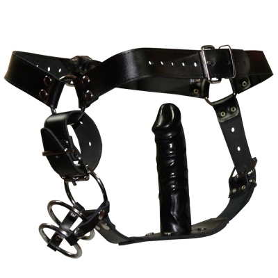 Skórzany pasek z klatką na penisa i plugiem Men's Thong Harness - 1 2