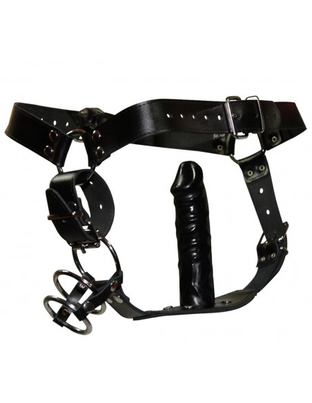 Skórzany pasek z klatką na penisa i plugiem Men's Thong Harness S/M - Stringi, slipy - 2