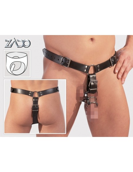 Skórzany pasek z klatką na penisa i plugiem Men's Thong Harness S/M - Stringi, slipy - 6