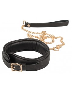 Leather Collar and Leash gold - Uprzęże BDSM - 1 2