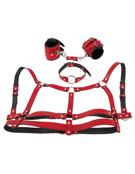 Uprząż BDSM z kajdankami i obrożą Bad Kitty Harness Set Red - Zestawy BDSM - 3