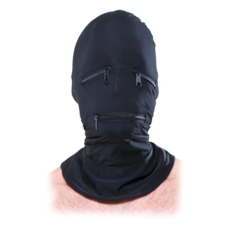 Maska fetyszowa FFS Zipper Face Hood Black – elastyczny kaptur onesize z zamkami błyskawicznymi nad oczami i ustami - 2