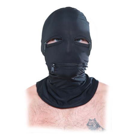 Maska fetyszowa FFS Zipper Face Hood Black – elastyczny kaptur onesize z zamkami błyskawicznymi nad oczami i ustami - 3
