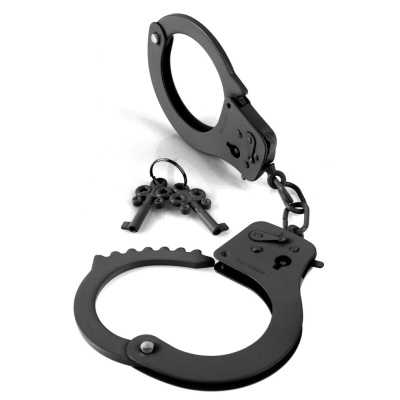 Kajdanki metalowe Handcuffs Black z paskiem bezpieczeństwa, 2 kluczami i regulowanym obwodem nadgarstka - 1 2