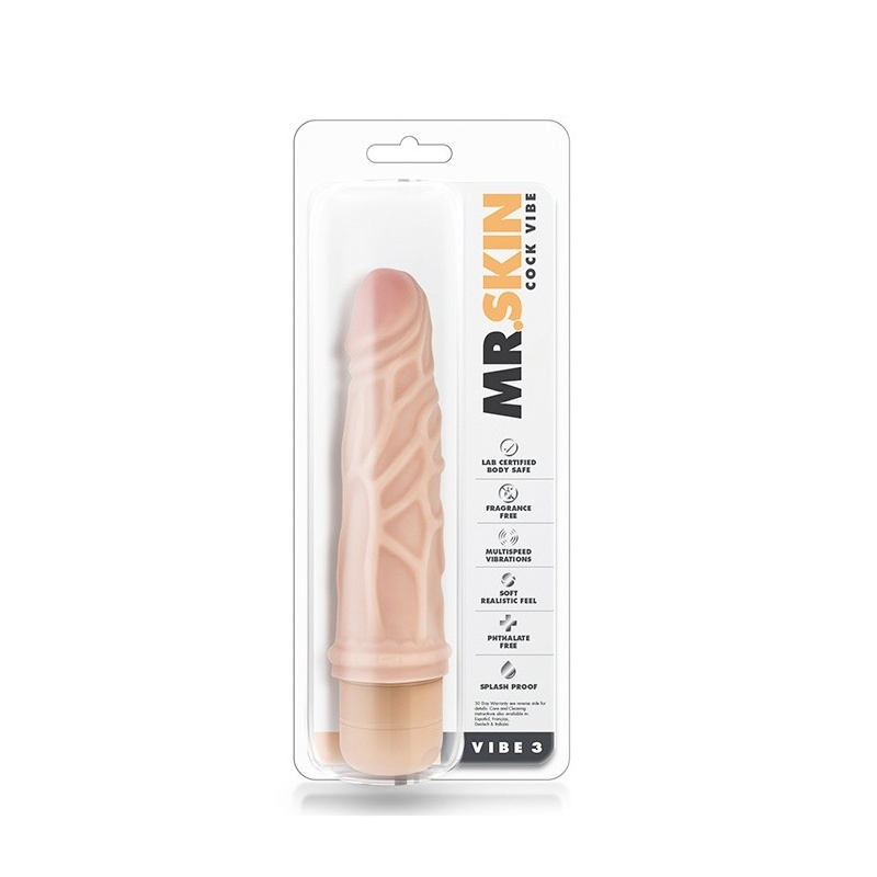Wibrator Cock Vibe 3 Flesh - faktura żyłek, pokrętło, wymiary całkowite i użytkowe w instrukcji - 2