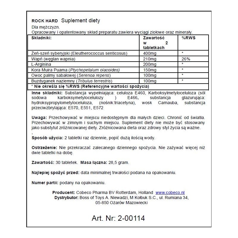 Cobeco Pharma Rock Hard 30 kapsułek, 28,5 g – suplement diety dla mężczyzn - 2