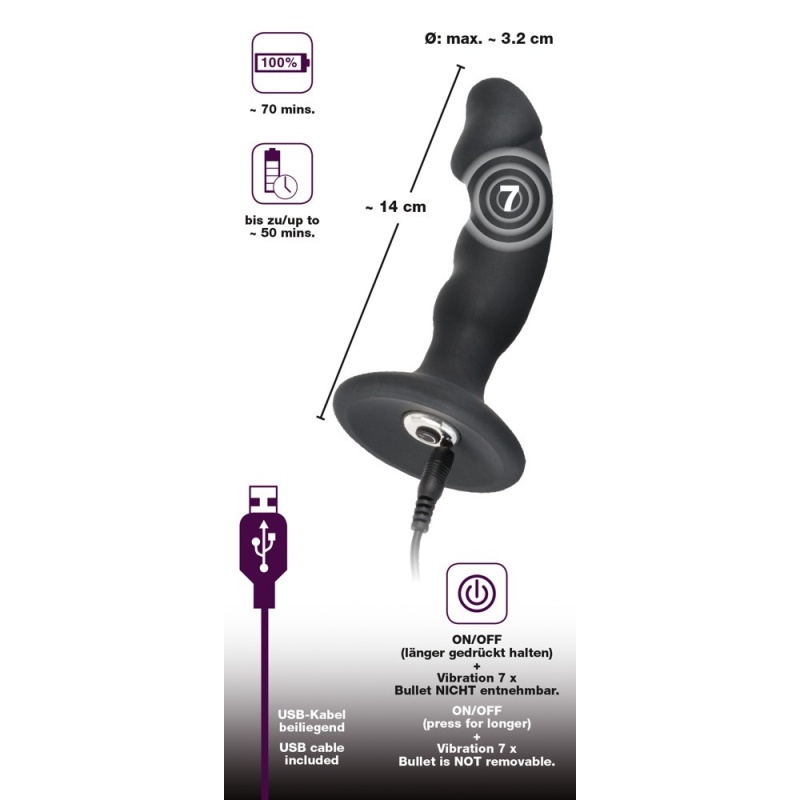 Wibrujący korek analny Black Velvets Rechargeable Plug – zakrzywiony, 7 trybów wibracji, 14 cm, średnica 3,2 cm - 6