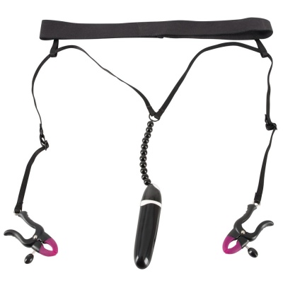 String rozchylający wargi sromowe – Spreader String, regulowane zaciski, wibrator 8,6 cm, obwód 61–177 cm - 1 2