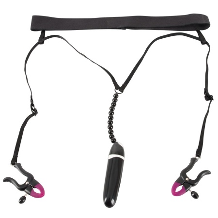 String rozchylający wargi sromowe – Spreader String, regulowane zaciski, wibrator 8,6 cm, obwód 61–177 cm - 2