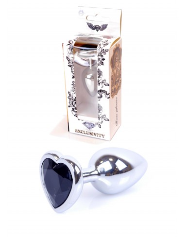 Mały Stalowy Korek Analny z Czarnym Serduszkiem Exclusivity - Srebrny lub Złoty - Korki analne stalowe - 1