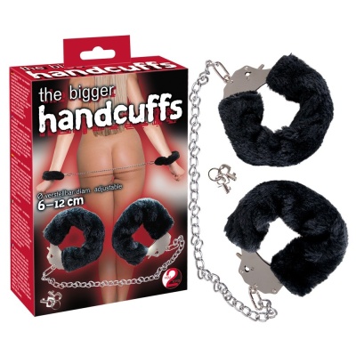 Kajdanki BDSM Bigger Furry Handcuffs z metalowym łańcuchem 44 cm i regulacją średnicy 6–12 cm - 1