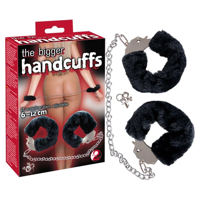 Kajdanki BDSM Bigger Furry Handcuffs z metalowym łańcuchem 44 cm i regulacją średnicy 6–12 cm - 1