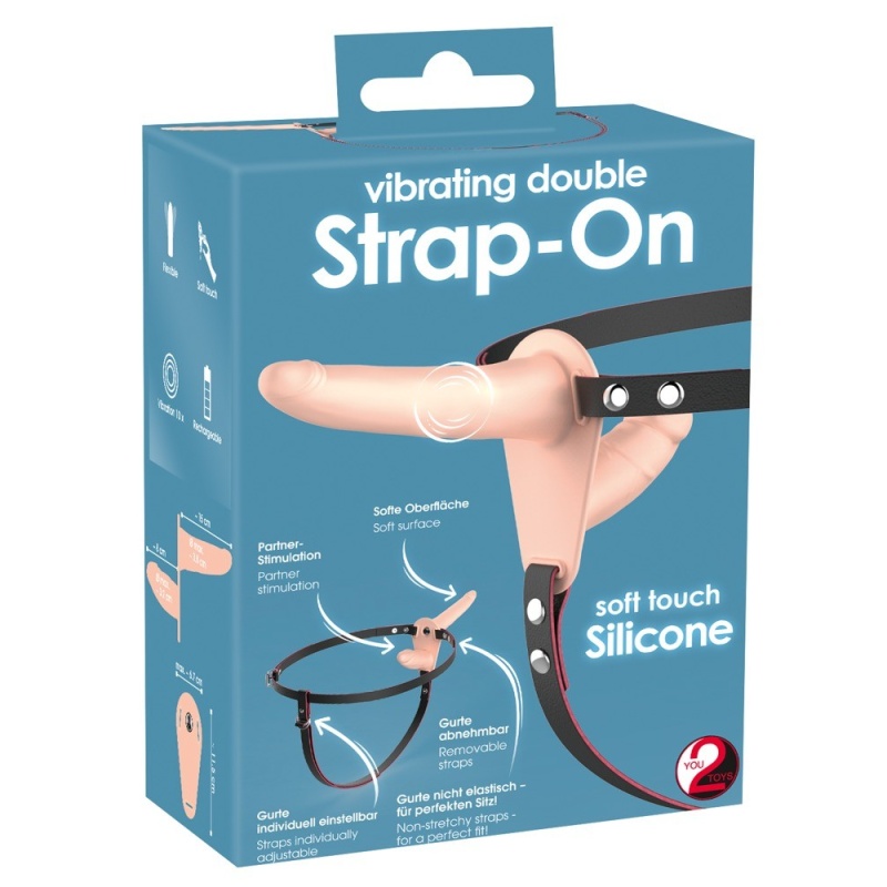 Podwójny Strap-On z Wibracją — Silikon i PU, 2 Dilda 15,7 cm i 8,8 cm, 10 Trybów - 2