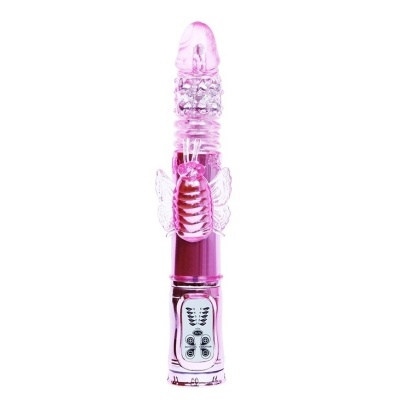 Wibrator króliczek Throbbing Butterfly z rotacją, funkcją wpychania i wibrującym motylkiem, 29,5 cm - 1 2