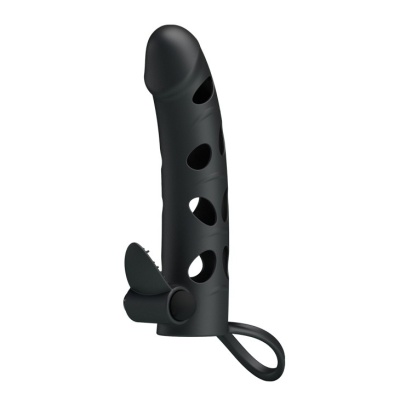 Vibrating Penis Sleeve with Ball Strap - nakładka na penisa z wibracją i paskiem na jądra, 17 cm - 1 2