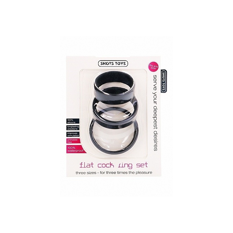Pierścienie erekcyjne Flat Cock Ring Set Black - spłaszczony profil silikonowy, zestaw 3 rozmiarów (3,5 cm / 4 cm / 4,5 cm) - 2