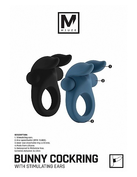 Pierścien erekcyjny wibrujący Bunny with Stimulating Ears- Czarny - Pierścienie erekcyjne wibrujące - 12