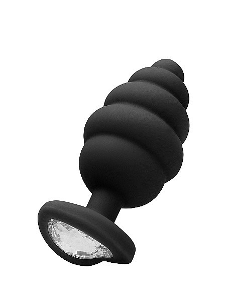 Korek analny Large Ribbed Diamond Heart Plug - Black - Korki analne silikonowe - 1