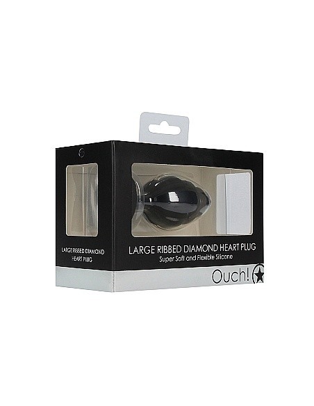 Korek analny Large Ribbed Diamond Heart Plug - Black - Korki analne silikonowe - 2