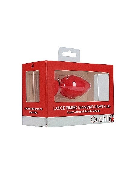 Korek analny Large Ribbed Diamond Heart Plug - Red - Korki analne silikonowe - 2