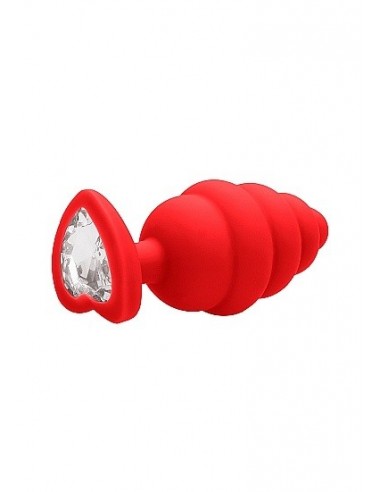 Korek analny Large Ribbed Diamond Heart Plug - Red - Korki analne silikonowe - 6