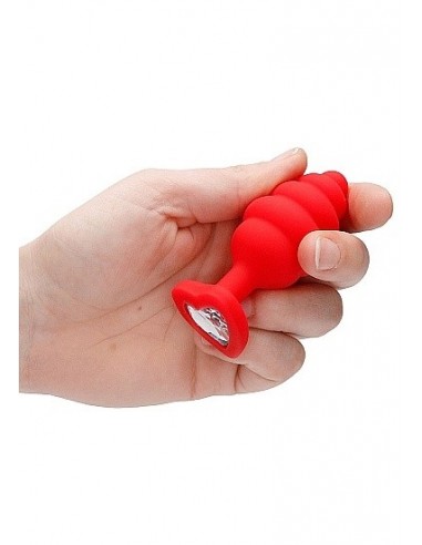 Korek analny Large Ribbed Diamond Heart Plug - Red - Korki analne silikonowe - 7