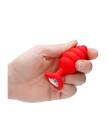Korek analny Large Ribbed Diamond Heart Plug - Red - Korki analne silikonowe - 7