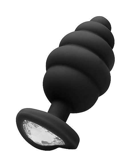 Korek analny Extra Large Ribbed Diamond Heart Plug - Black - Korki analne silikonowe - 1