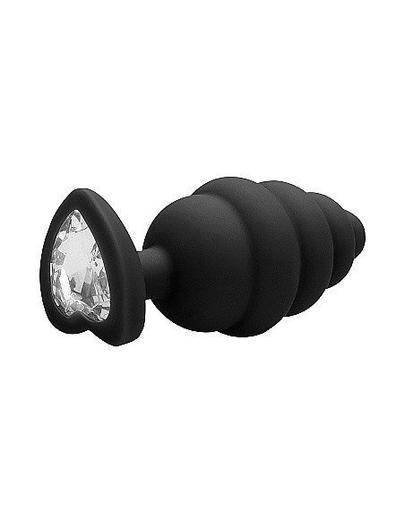 Korek analny Extra Large Ribbed Diamond Heart Plug - Black - Korki analne silikonowe - 5