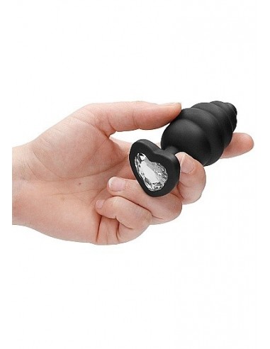 Korek analny Extra Large Ribbed Diamond Heart Plug - Black - Korki analne silikonowe - 6