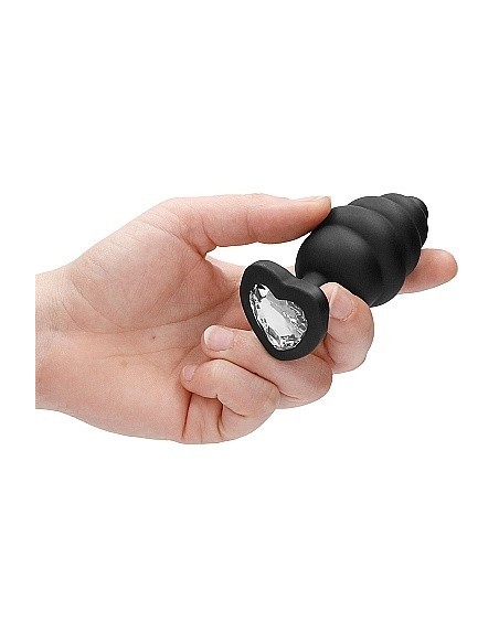 Korek analny Extra Large Ribbed Diamond Heart Plug - Black - Korki analne silikonowe - 6