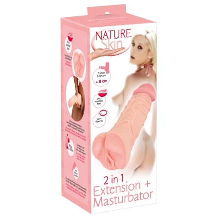 Masturbator i przedłużka 2 w 1 Nature Skin — elastyczny tunel stymulujący z TPE, długość całkowita 22,1 cm, głębokość wkładania - 1