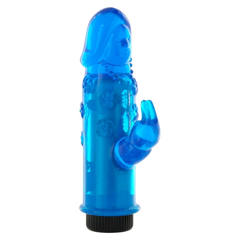 Mini Rabbit Vibrator Blue - kieszonkowy wibrator PVC/ABS z wypustkami, stymulatorem łechtaczki i zasilaniem 2×AAA - 2