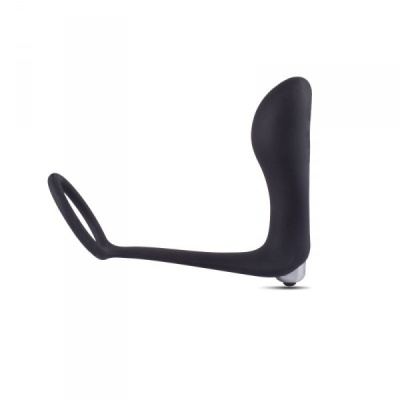 Wibrujący korek analny P-Ring z pierścieniem na penisa, czarny silikon 15 cm - 1