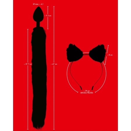 Korek analny z ogonem i kocimi uszami Pet Play Plug & Ears – silikon z powłoką PU, 9,3 cm - 7