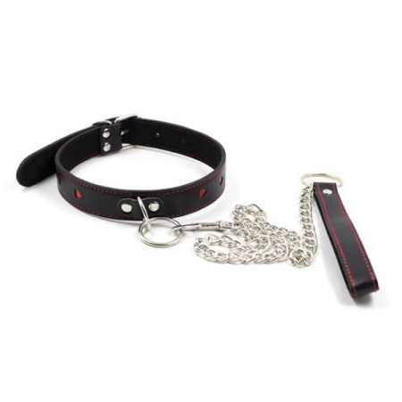 Obroża i smycz Easy Collar Leash Black – czarna ze sztucznej skóry z czerwonymi sercami, regulacja 32-46 cm - 1
