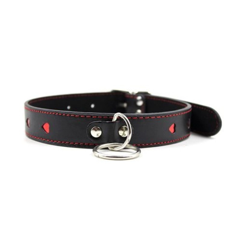 Obroża i smycz Easy Collar Leash Black – czarna ze sztucznej skóry z czerwonymi sercami, regulacja 32-46 cm - 4