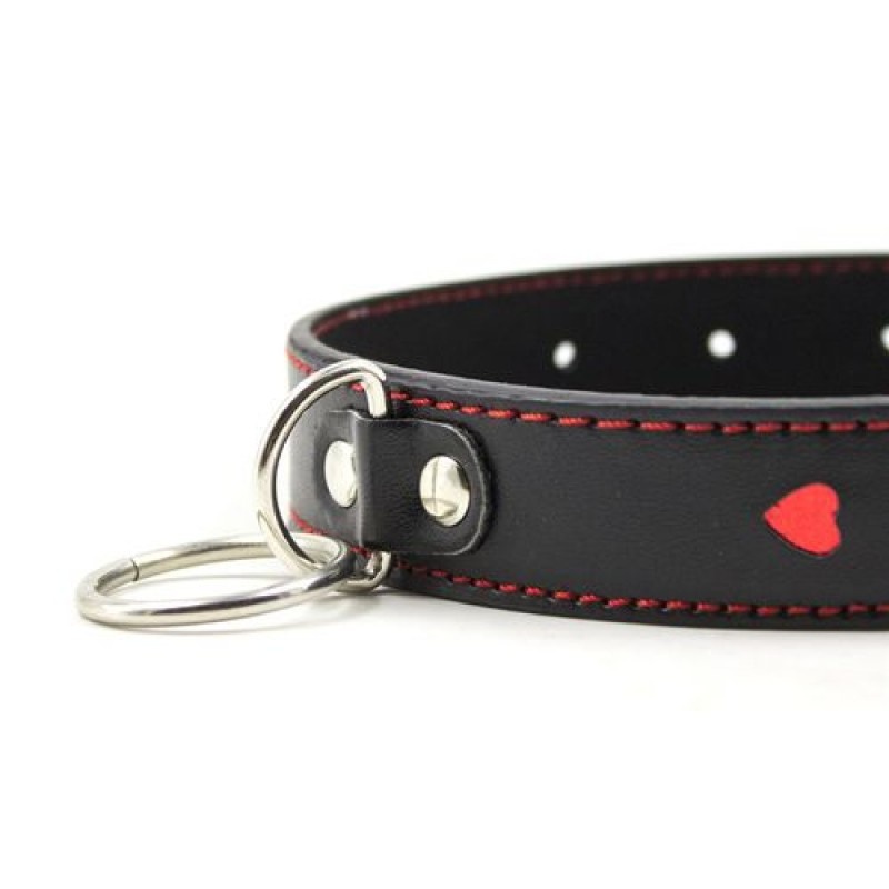 Obroża i smycz Easy Collar Leash Black – czarna ze sztucznej skóry z czerwonymi sercami, regulacja 32-46 cm - 5